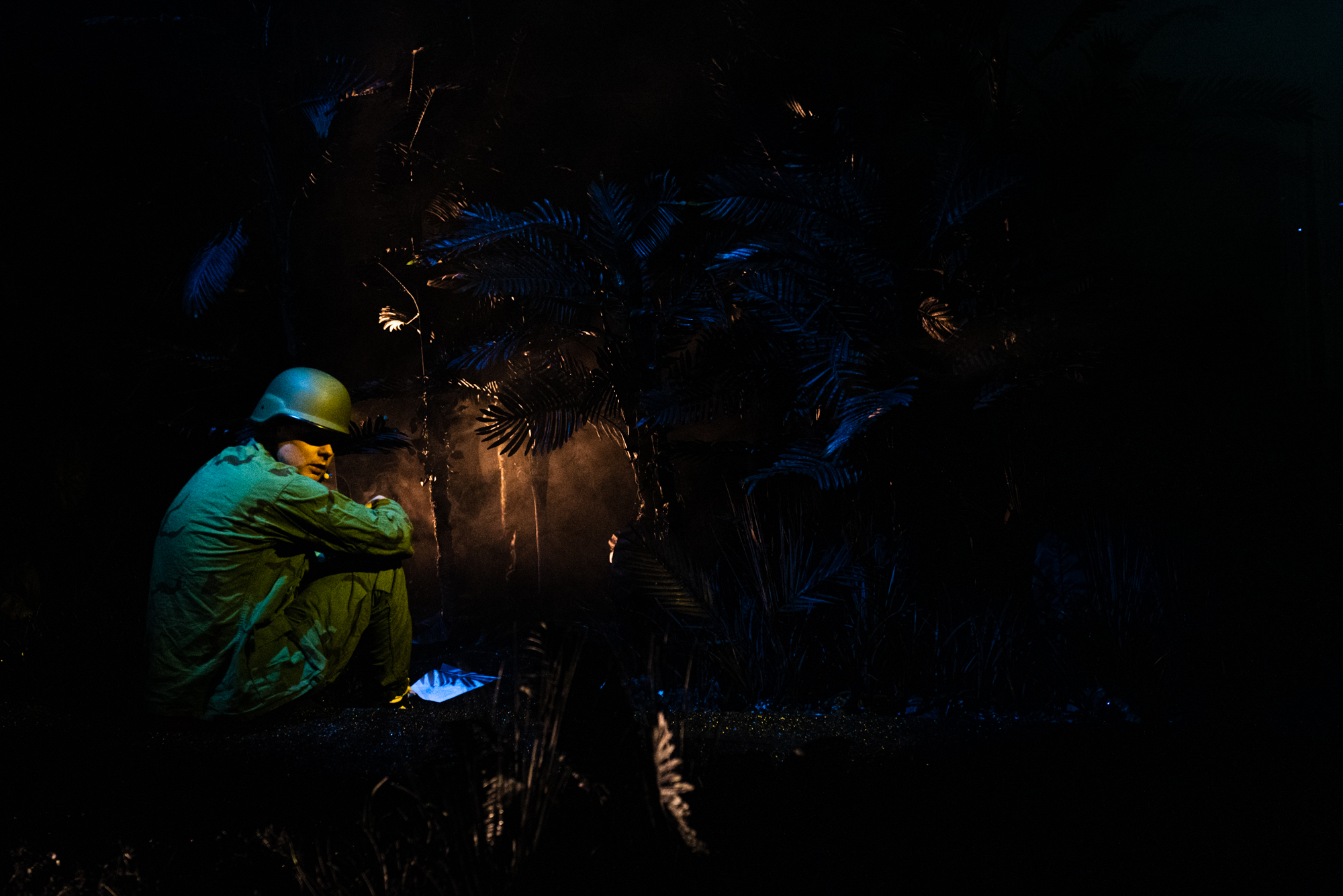 Po lewej siedzi mężczyzna w hełmie i zielonym mundurze. Widać prawy profil. Tłem są rośliny ledwo widoczne w ciemności.